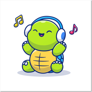 Cute Turtle Listening Music With Headphone Posters and Art